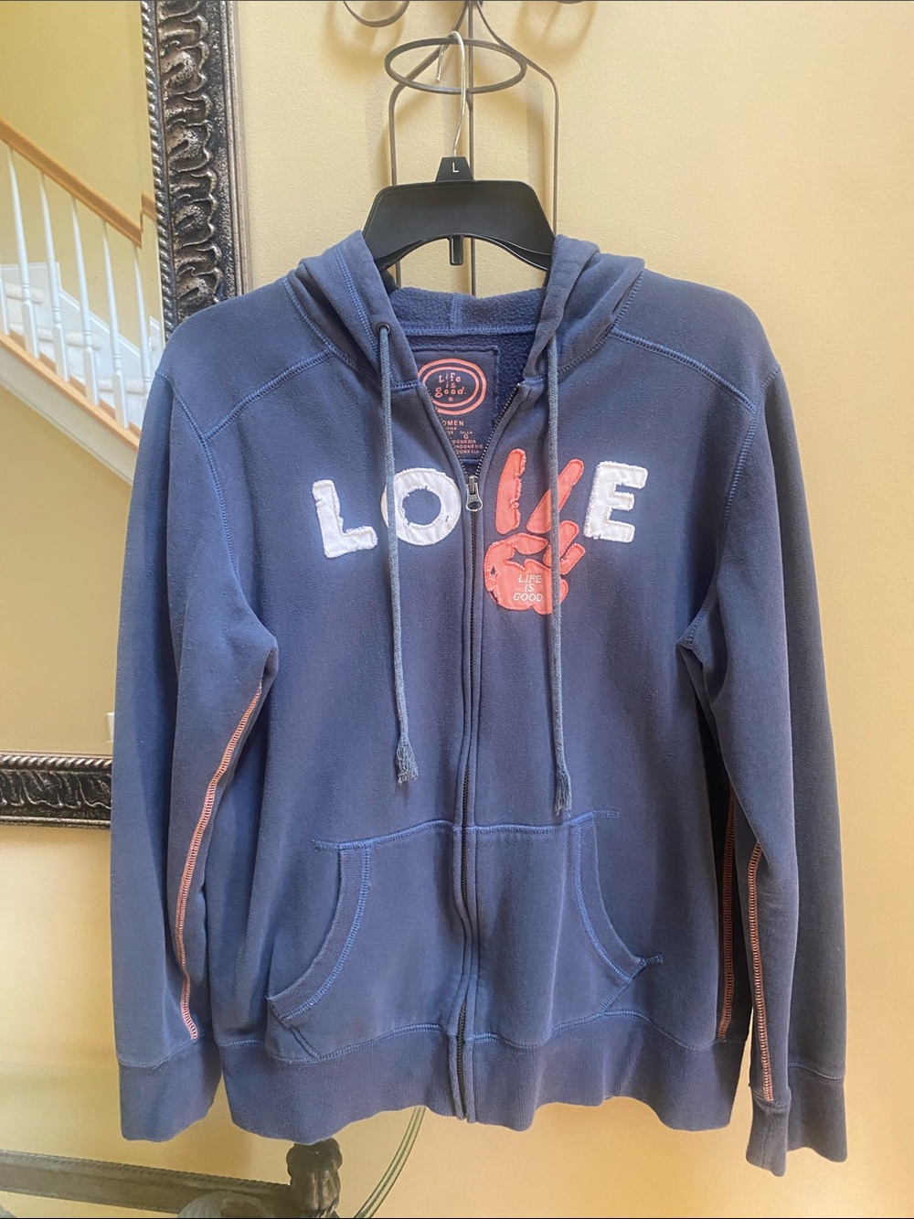 Life Is Good Distressed Grey womens L Zip-Up Hoodie Orange 'LOVE' Hand Graphic